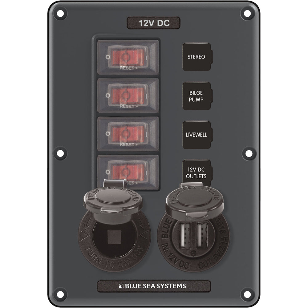 Blue Sea 4321 Circuit Breaker Switch Panel 4 Position Gray w12V Socket Dual USB 4321
