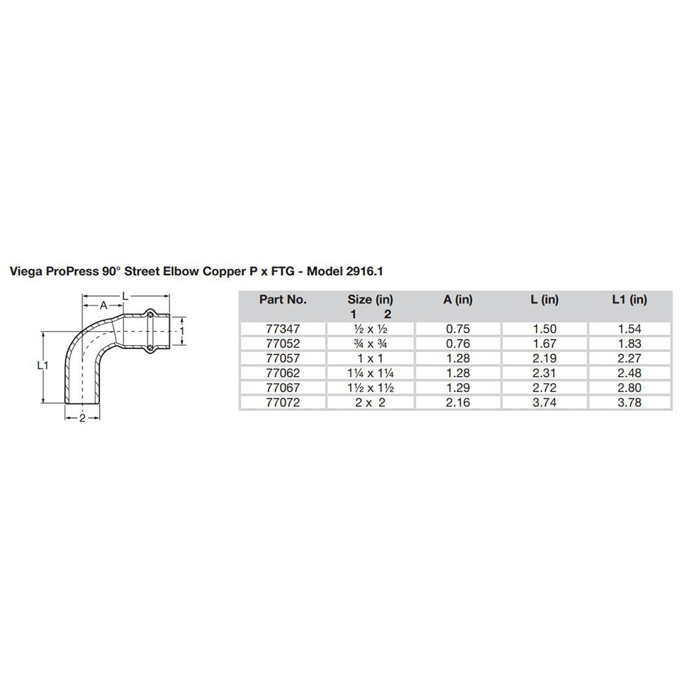 Viega Propress 12 90 Copper Elbow StreetPress Connection Smart Connect Technology 77347