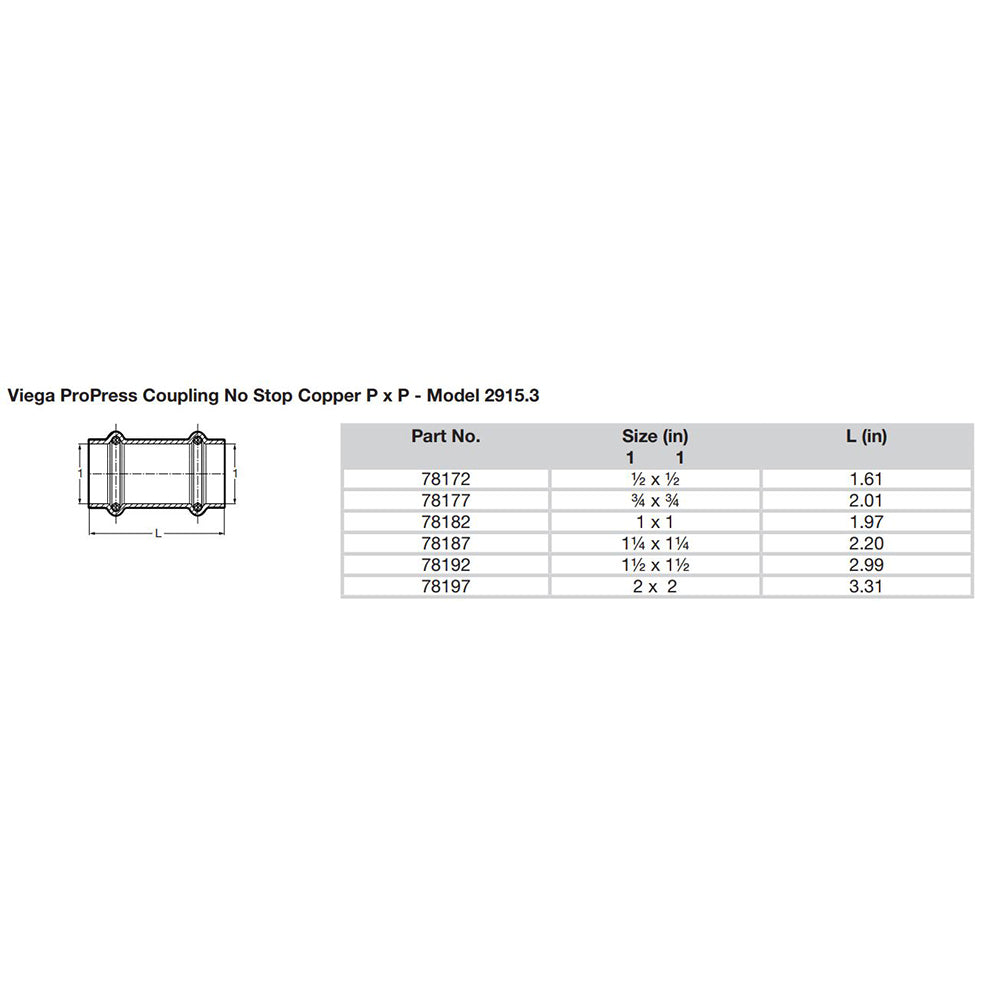 Viega ProPress 12 Copper Coupling wo Stop Double Press Connection Smart Connect Technology 78172
