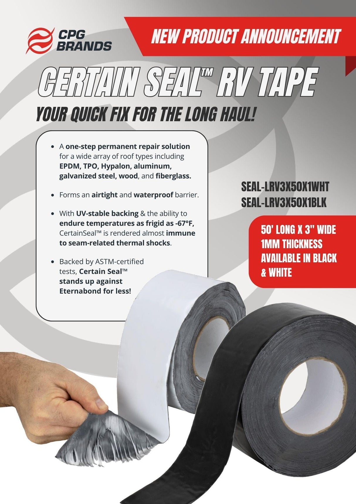 Certain Seal RV Roof Repair Tape, Waterproof & UV Stable, 3″ W x 50′ L Roll, Black : SEAL-LRV3X50X1BLK