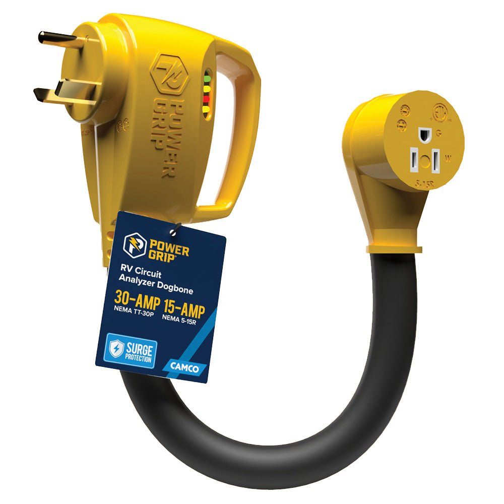 Camco Power Grip RV 12 30Amp Circuit Analyzer Dogbone Integrated Surge Protection 55461