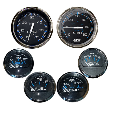 Faria Chesapeake Black wStainless Steel Bezel Boxed Set of 6  Speed Tach Fuel Level Voltmeter Water Temperature  Oil PSI