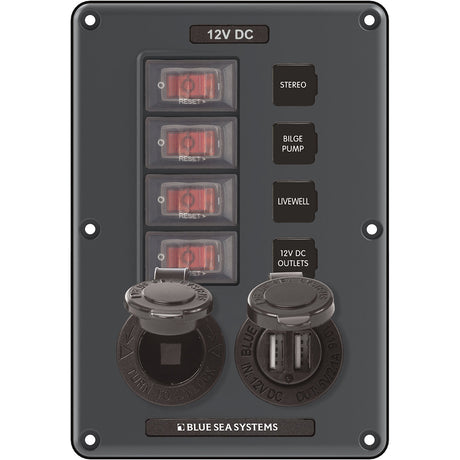Blue Sea 4321 Circuit Breaker Switch Panel 4 Position  Gray w12V Socket  Dual USB 4321