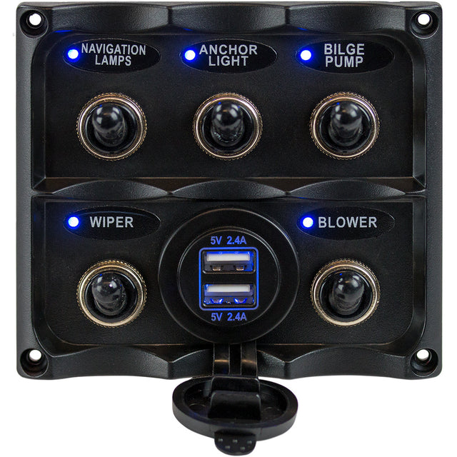 SeaDog Water Resistant Toggle Switch Panel wUSB Power Socket  5 Toggle 4246171