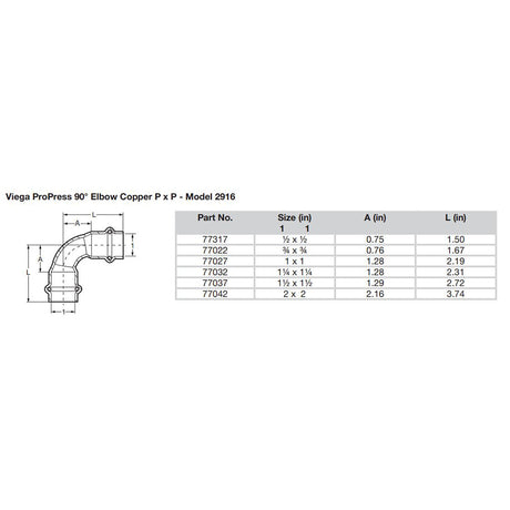 Viega ProPress 112  90 Copper Elbow  Double Press Connection  Smart Connect Technology 77037