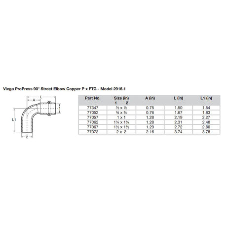 Viega ProPress 112  90 Copper Elbow  StreetPress Connection  Smart Connect Technology 77067