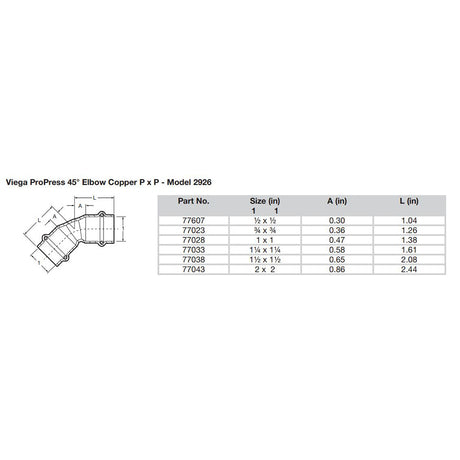 Viega ProPress 112  45 Copper Elbow  Double Press Connection  Smart Connect Technology 77038