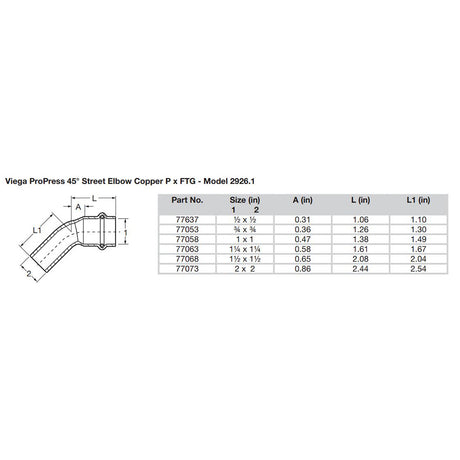 Viega ProPress 112  45 Copper Elbow  StreetPress Connection  Smart Connect Technology 77068