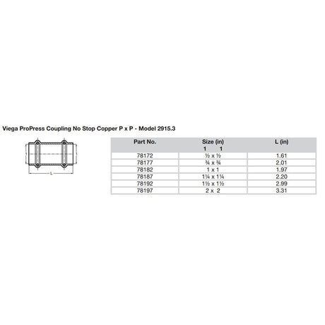 Viega ProPress 114 Copper Coupling wo Stop  Double Press Connection  Smart Connect Technology 78187