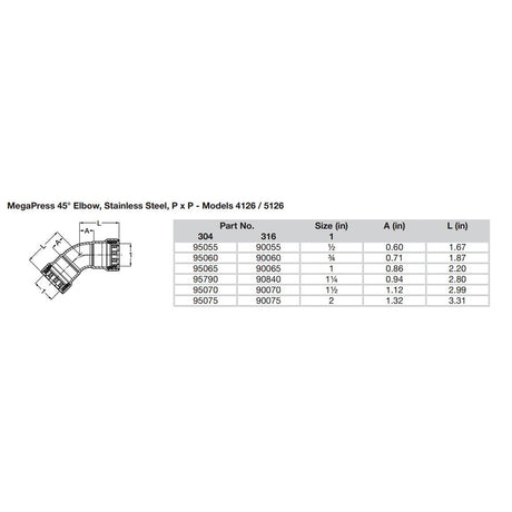 Viega MegaPress 12 45 Stainless Steel 304 Elbow  Double Press Connection  Smart Connect Technology 95055