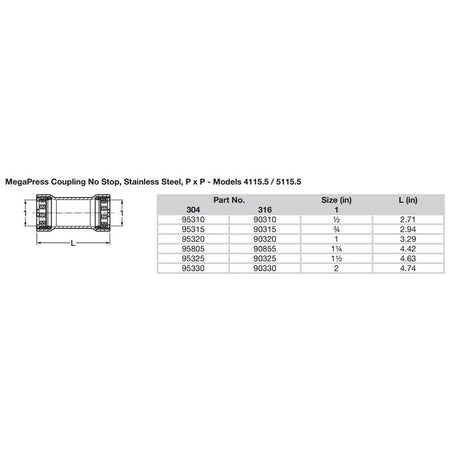 Viega MegaPress 1 Stainless Steel 304 Coupling wo Stop  Double Press Connection  Smart Connect Technology 95320