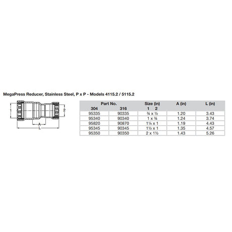 Viega MegaPress 2 x 112 Stainless Steel 304 Reducer  Double Press Connection  Smart Connect Technology 95350