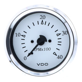 VDO Cockpit Marine 85MM 338 Diesel Tachometer  4000 RPM  White DialChrome Bezel  33315273