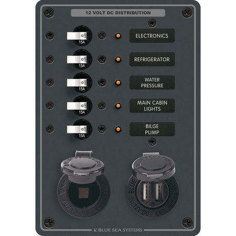 Blue Sea 8120  5 Position 12V Panel wDual USB  12V Socket 8120