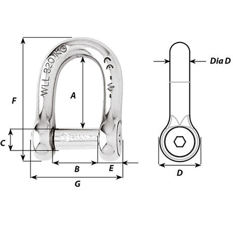 Wichard SelfLocking Allen Head Pin D Shackle  12mm Diameter  1532 1306W