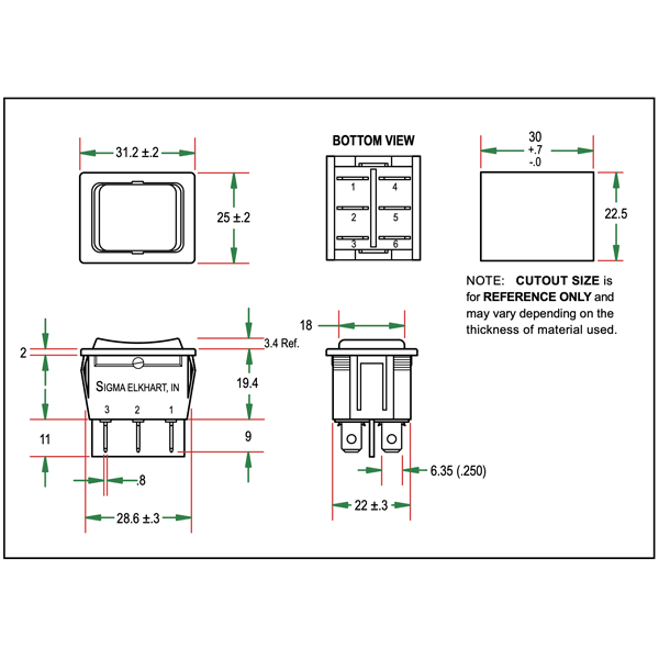 Sigma Switches Momentary ON/OFF / Momentary ON Switch Double Pole Double Throw, Black : EP-201S15-BLK